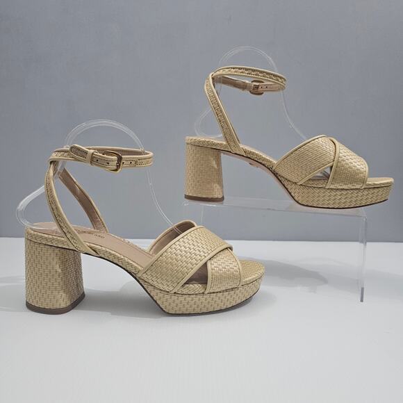 Veronica Beard Danika Sandal Women 9 Natural Raffia Woven Block Heel Ankle Strap - Picture 3 of 14